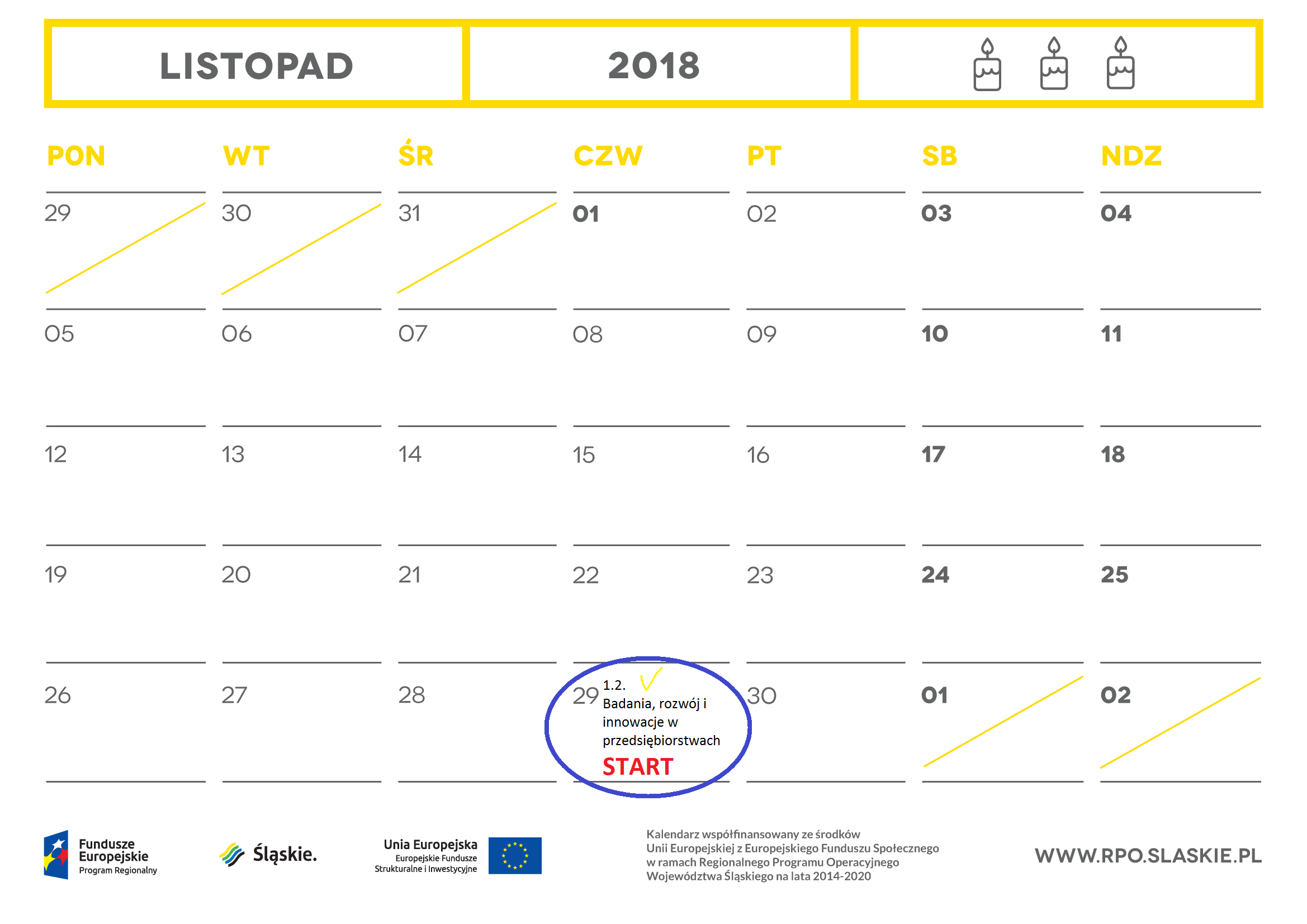 Kalendarz z zaznaczonym 29 listopada 2018 r., Śląskie Centrum Przedsiębiorczości otworzy nabór wniosków w ramach działania 1.2. Badania, rozwój i innowacje w przedsiębiorstwach