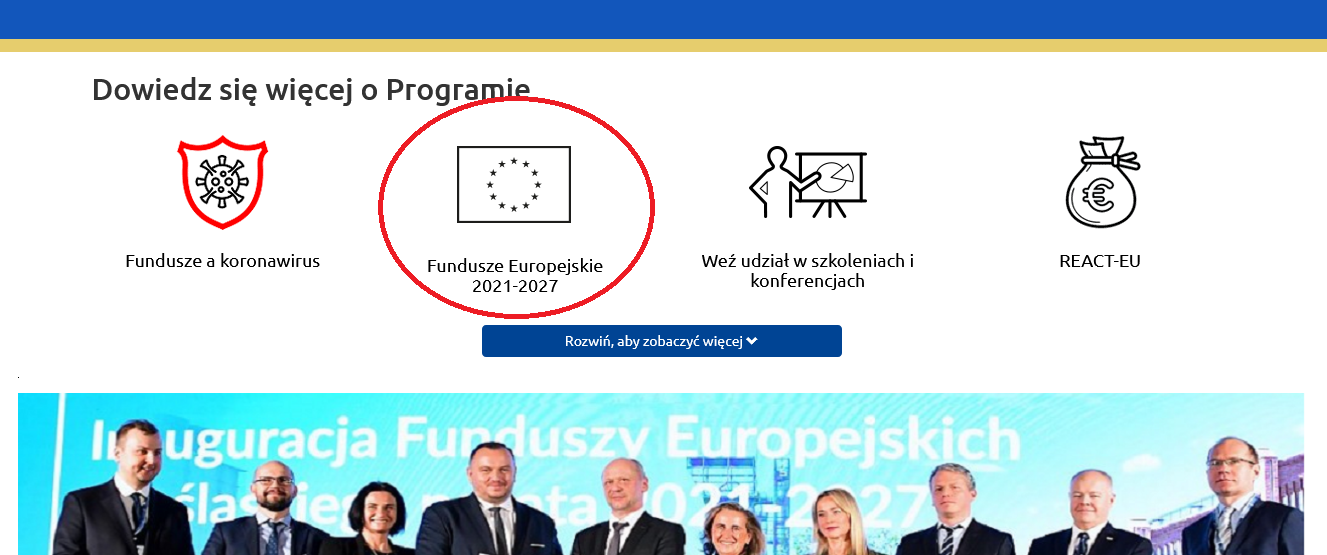 Zrzut ekranu ze strony RPO WSL 2014-2020 z zaznaczonym działem Fundusze Europejskie 2021-2027