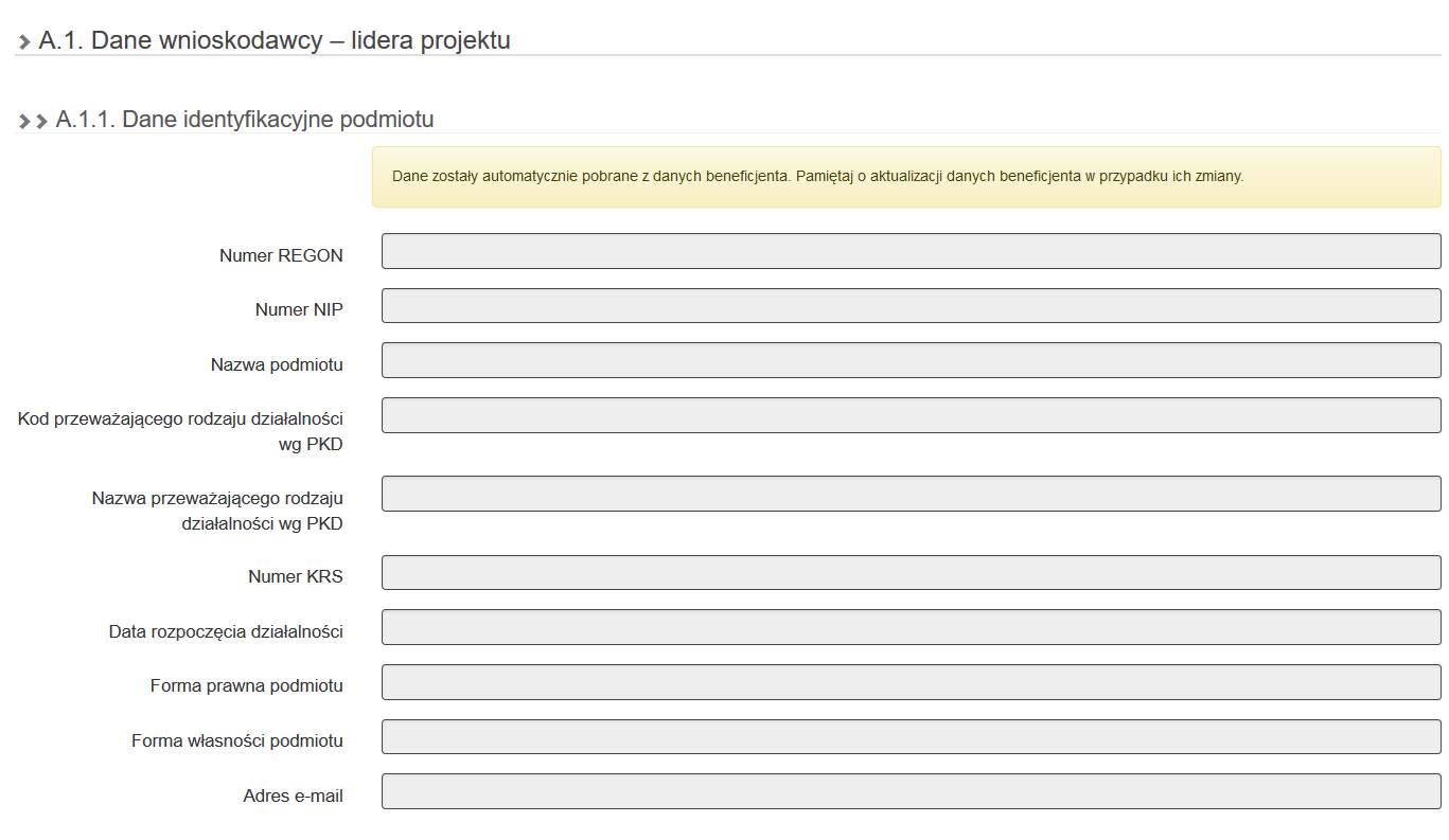 Zrzut ekranu - podgląd na zawartość zakładki „A.1.Dane wnioskodawcy – lidera projektu” w LSI 2014