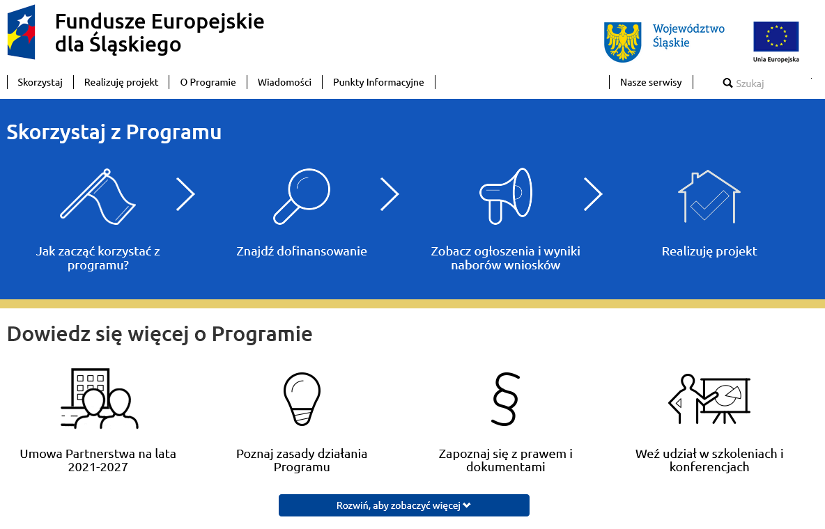 Zrzut ekranu z widokiem na nową stronę programu Funduszy Europejskich dla Śląskiego 2021-2027 - otwiera się w nowej karcie