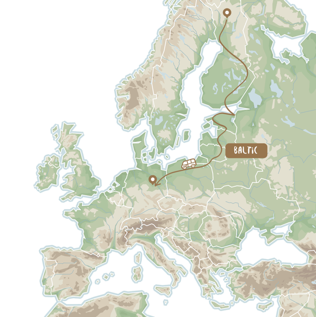 Mapka Europy przedstawiająca trasę bałtycką Road Trip Project